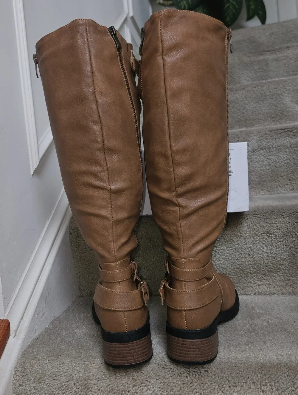 DREAM PAIRS Womens Tall Buckle Riding Boots Camel Sz 8.5 Vegan Leather Wide Calf